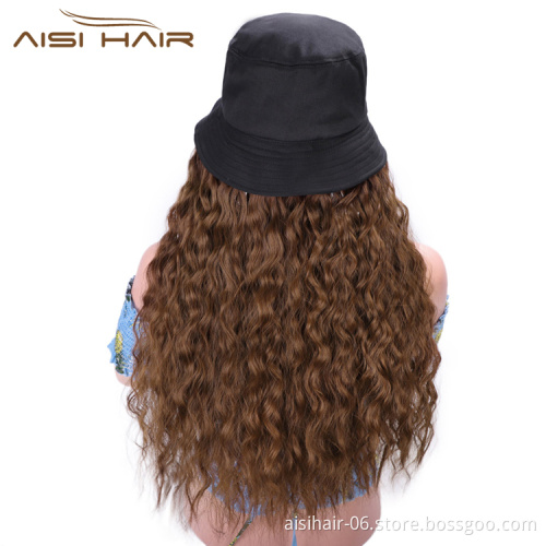 Aisi Hair Long Water Wave Outdoor Hat Knit Slouchy Party Hat Synthetic Light Brown Fiber Hair Extension With Black Cap For Women